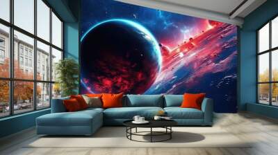 Space planets and stars in space. 3d landscape photo. Generative AI Wall mural