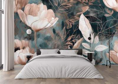 The floral seamless pattern illustration traditional watercolor and rose gold details. Generative AI Wall mural