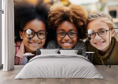 Three children, two girls with afro hair and a boy with glasses, smiling together. Wall mural