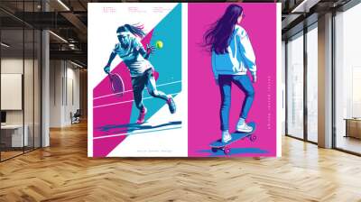 Vibrant illustrations depicting individuals engaged in sports and active lifestyles, showcasing tennis, skateboarding, and running. Wall mural