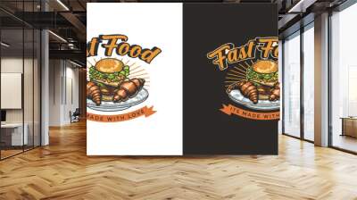 Burger vintage hand-drawn logo design vector for restaurant or cafe Wall mural