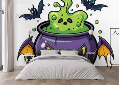 Halloween spooky cauldron bubbles with bats vector illustration Wall mural