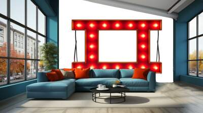 Red retro billboard lightbox or blank shining signboard with yellow glowing neon light bulbs 3D rendering. generative ai. Wall mural