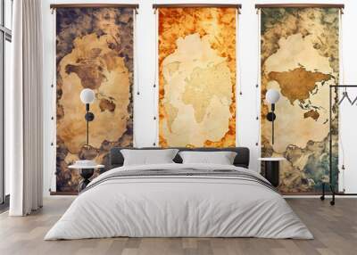 set of three vertical banners based on torn antique maps. generative ai. Wall mural