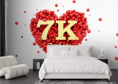 3D render of a gold 7000 followers thank you isolated on white background, 3k, red heart and red balloons, ball. Wall mural