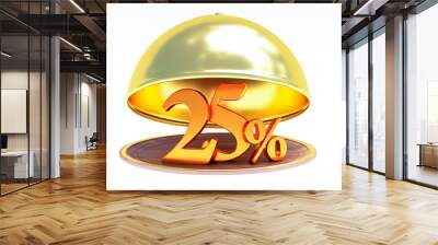 3d render of Restaurant cloche and golden word 25 percent inside. Restaurant cloche with golden twenty five percent off isolated on white background. Wall mural