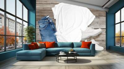 Flat Lays T-shirt mockup front short sleeve with beautiful background. Ready to replace your design	
 Wall mural