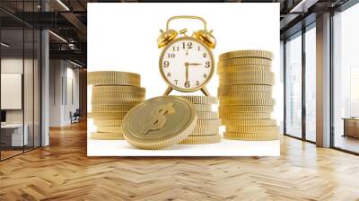 Gold old alarm clock and dollar coins isolated on white background. time is gold concept, 3d render Wall mural