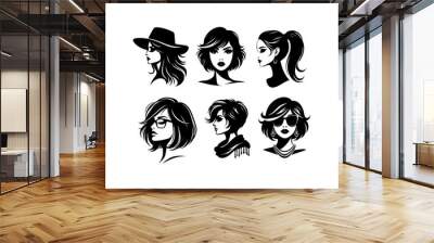 Set of silhouettes, adult female face vector illustrations collection Wall mural