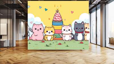 birthday invitation card with pictures of cats and balloons Wall mural