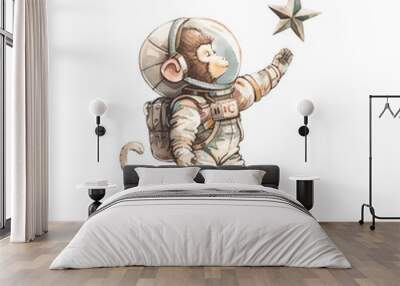 monkey astronaut catching star vector illustration in watercolor style Wall mural