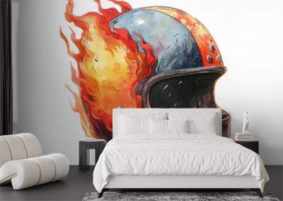 retro helmet on fire vector illustration in watercolor style Wall mural