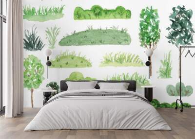 a set of cute green hand painted grass, tree, and lawn Wall mural