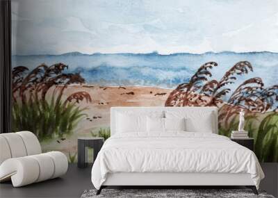 pampas grass and sea landscape watercolor Wall mural