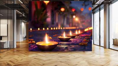 A beautiful scene of a path lit with candles and flowers, generative ai Wall mural