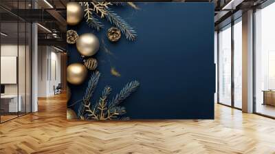 A blue background with gold and blue Christmas ornaments, generative ai image Wall mural