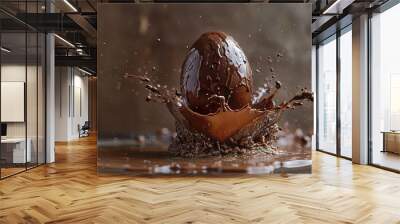 A chocolate egg is splashing in a pool of chocolate, generative ai image., Wall mural