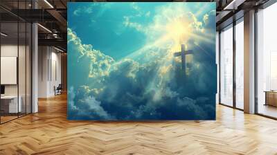 A cross is seen in the sky with a bright sun shining on it, generative ai image., Wall mural