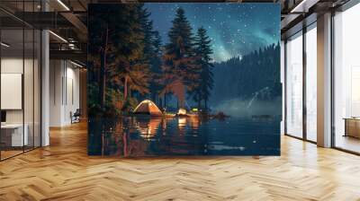 A group of people are sitting around a campfire by a lake, Wall mural