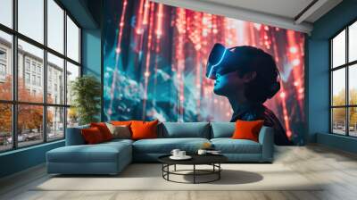 A man stands in front of a large, colorful projection of a starry sky,, generative ai image, Wall mural