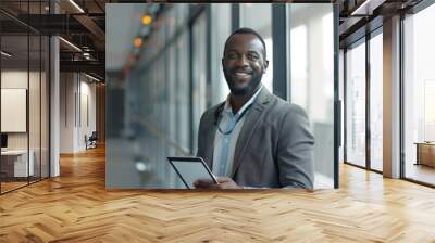 A man wearing a suit and glasses is holding a tablet in his hand generative ai Wall mural