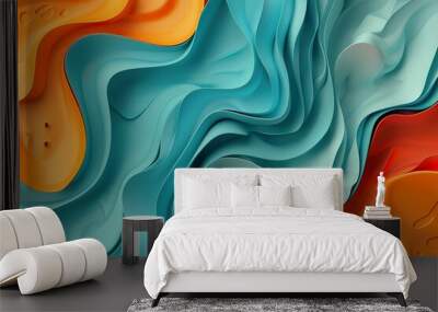 A painting of a blue and green ocean with orange and yellow swirls, Wall mural