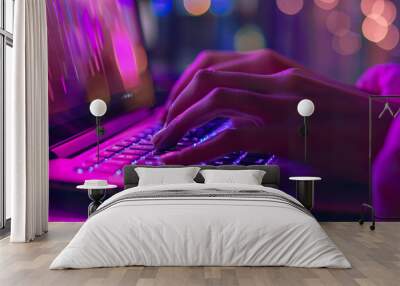 A person is typing on a keyboard with purple and blue lighting, generative ai image., Wall mural