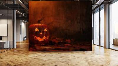 A pumpkin with a scary face is sitting on a wooden table generative ai Wall mural