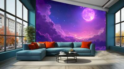 A purple sky with a large moon and many stars, Wall mural