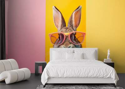 A rabbit wearing sunglasses and standing in front of a colorful background, generative ai image., Wall mural