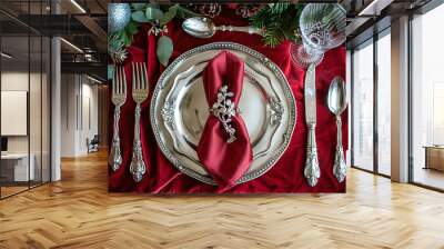 A table setting with silverware and a red cloth, generative ai image., Wall mural