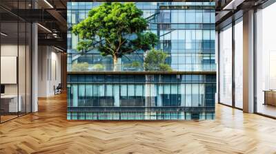 A tree is reflected in the glass of a building, generative ai image Wall mural