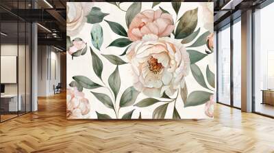 A watercolor painting of a flower garden with pink flowers and green leaves., Wall mural