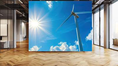 A wind turbine is standing tall in the sky, with the sun shining brightly on it, generative ai image., Wall mural