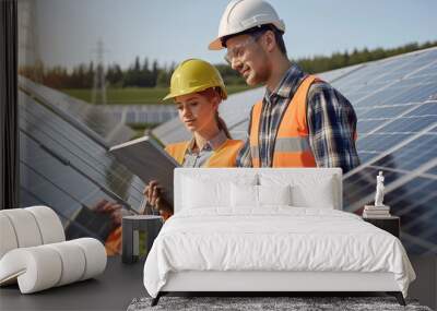 Two men in orange safety gear are working on a solar panel., Wall mural