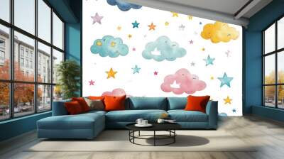 Watercolor Illustration of Colorful Clouds and Stars with a Crescent Moon, generative ai image Wall mural