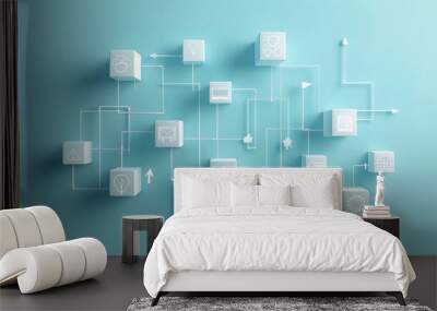 3D Flowchart Concept on Teal Background with Business Icons Wall mural