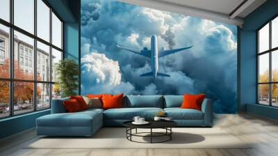 Airplane flying above the clouds into the sunlight in a scenic sky Wall mural