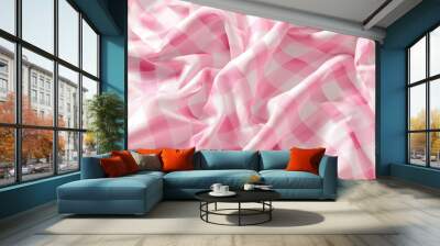 Crumpled pink and white checkered fabric with soft folds and wrinkles Wall mural