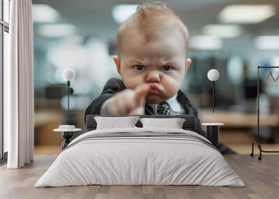 Determined baby in suit making a fist in office setting Wall mural