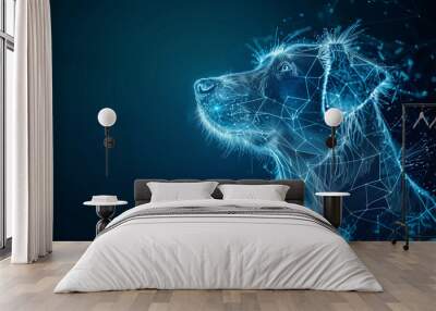 Digital illustration of a dog with glowing geometric patterns on dark background.. Wall mural