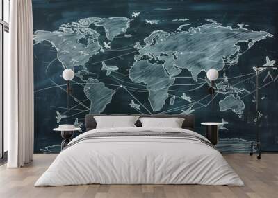 Dotted world map showing global travel routes with airplane icons on dark background Wall mural