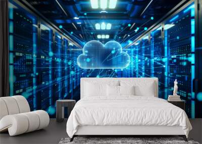 Futuristic server room with digital cloud and data connections in blue light Wall mural