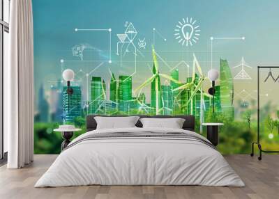 Green energy concept with wind turbines and futuristic city surrounded by digital icons Wall mural