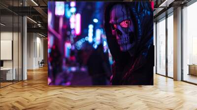 Hooded figure with a glowing robotic mask in a neon-lit cityscape at night Wall mural