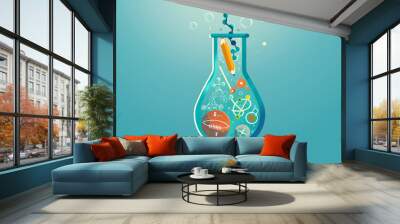 Science Education Erlenmeyer Flask with Floating Educational Icons Wall mural