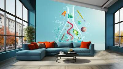 Science Education Erlenmeyer Flask with Floating Educational Icons Wall mural