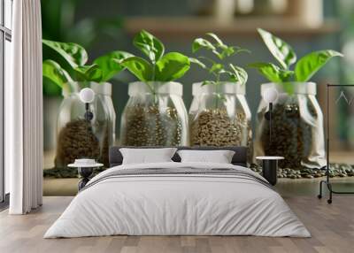 Seedlings growing in plastic bags filled with seeds on a wooden surface Wall mural