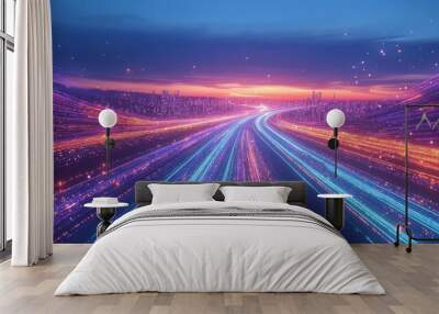 A futuristic illustration shows light trails in a cyberpunk style, conveying the sense of speed in a nighttime urban environment. Wall mural