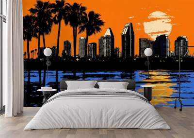 A poster illustration on Risograph print of San Diego, California, USA. Artistic, stylistic, screen printing, stencil, stencilled, digital duplication. Wall mural